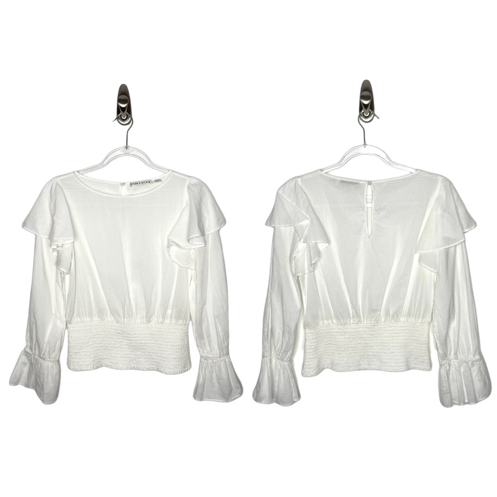 alice + olivia | Laya Blouson Sleeve Ruffle Blouse Off White Cotton Small